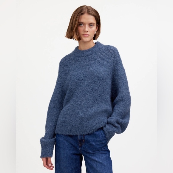 NEW Madewell Wool-Alpaca Blend Bouclé-Knit Oversized Sweater XS Hthr Denim Blue - Picture 1 of 11